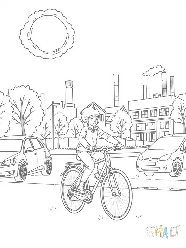 Ein Kind fährt auf einem Fahrrad zur Schule. Im Hintergrund stehen rauchende Fabrikschornsteine. Daneben parken Autos vor der Schule. Über dem radfahrenden Kind schwebt eine Gedankenblase mit einem sauberen Himmel.