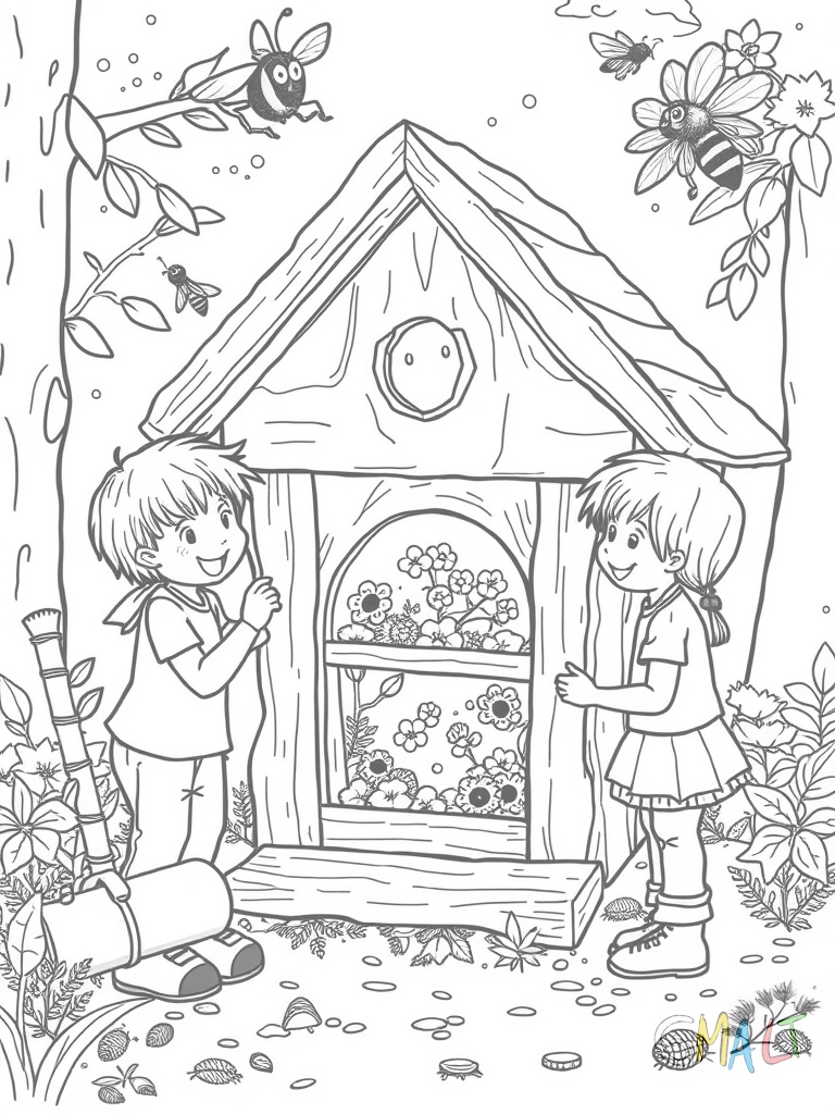 Drei Kinder bauen ein Insektenhotel aus Holz und Naturmaterialien. Verschiedene Materialien wie Bambusröhrchen und Tannenzapfen liegen bereit. Eine Biene und ein Schmetterling fliegen neugierig um die Kinder herum.
