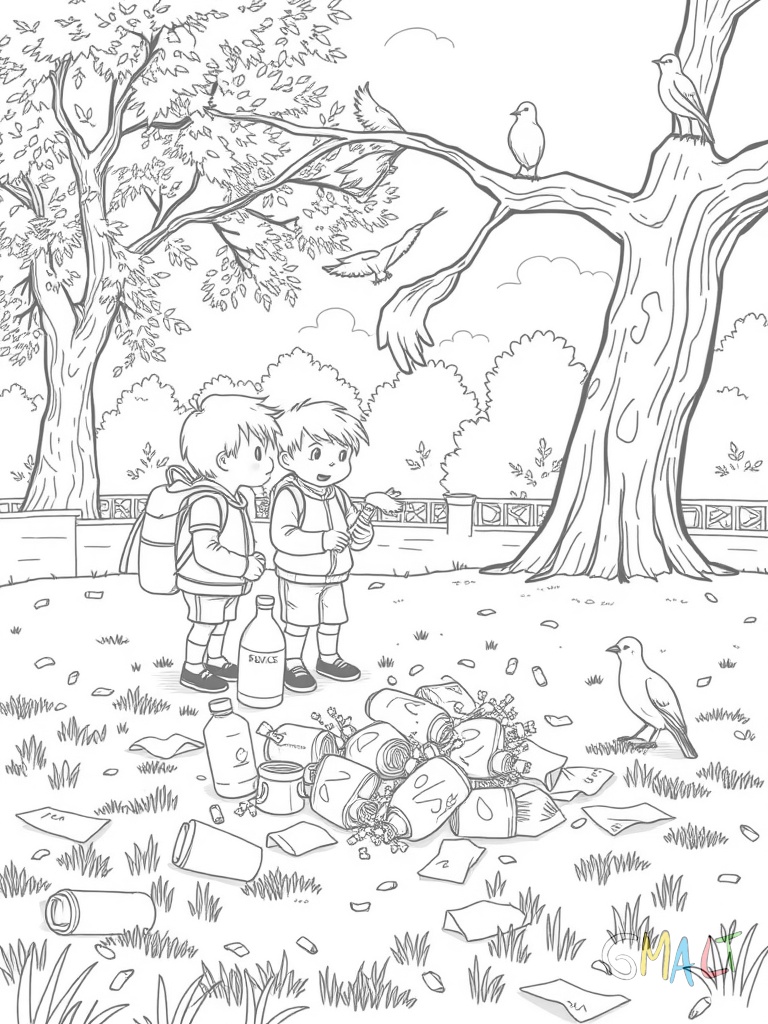 Zwei Kinder sammeln mit Müllgreifern und Eimern Abfall in einem Park auf. Auf der Wiese liegen vereinzelt Plastikflaschen und Papier. Ein Mülleimer steht rechts im Bild. Vögel beobachten die Szene von einem Baum aus.