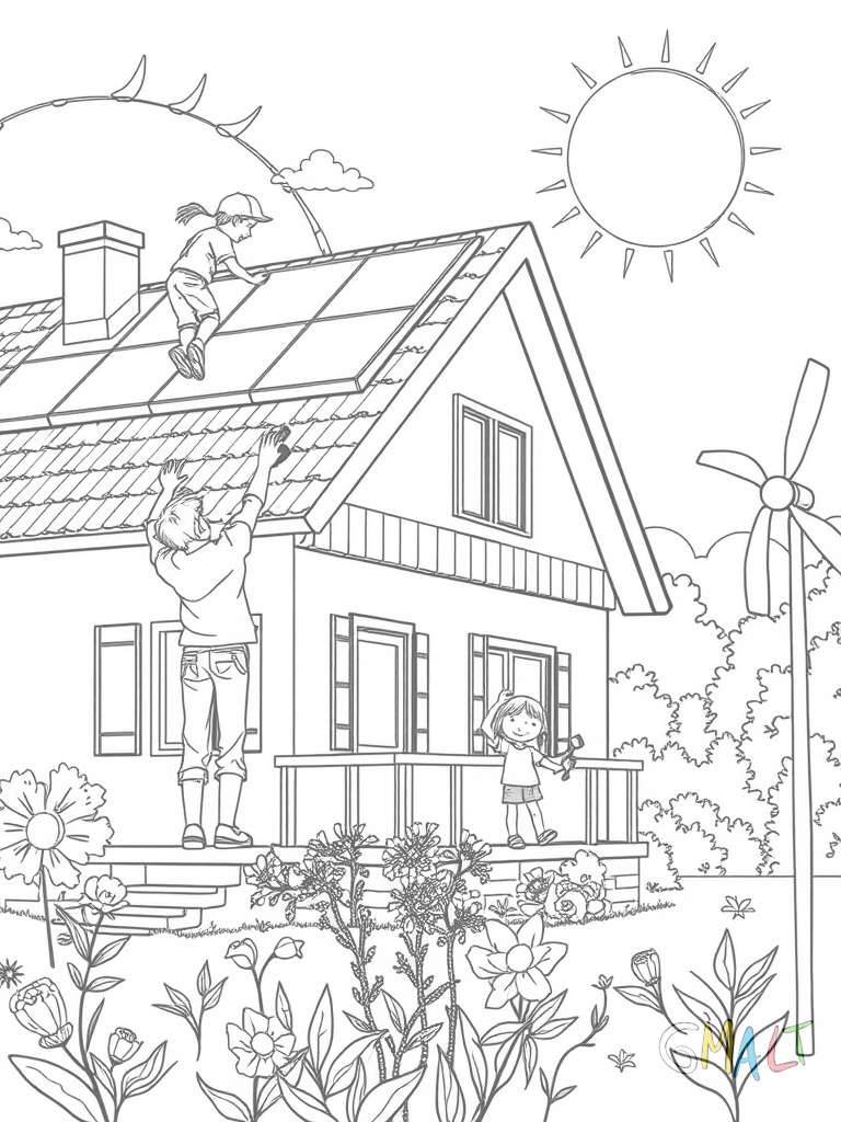 Eine Familie installiert Solarplatten auf ihrem Hausdach. Ein Kind reicht vom Boden Werkzeug nach oben. Die Sonne strahlt von rechts auf das Haus. Im Vorgarten stehen Blumen und ein Windrad dreht sich.