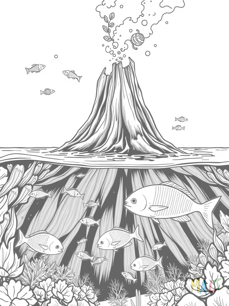 Ein Unterwasservulkan dessen Spitze aus dem Meer ragt. Drumherum schwimmen bunte Fische. Blasen steigen aus einem Sekundärkrater auf.