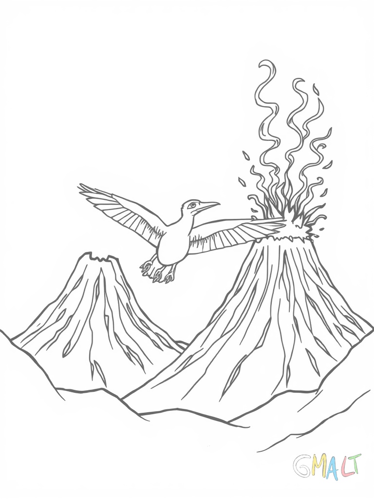 Zwei Vulkane stehen nebeneinander. Der linke ist ruhig der rechte bricht gerade aus. Zwischen ihnen fliegt ein erschrockener Pterodactylus.