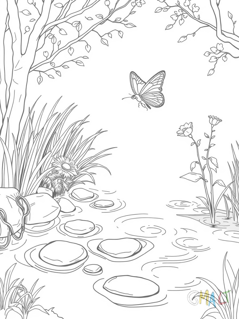 Ein Bach schlängelt sich durch eine Wiese. Kleine runde Steine liegen im Bachbett und am Ufer wachsen drei Gänseblümchen. Ein Schmetterling fliegt über dem Wasser.