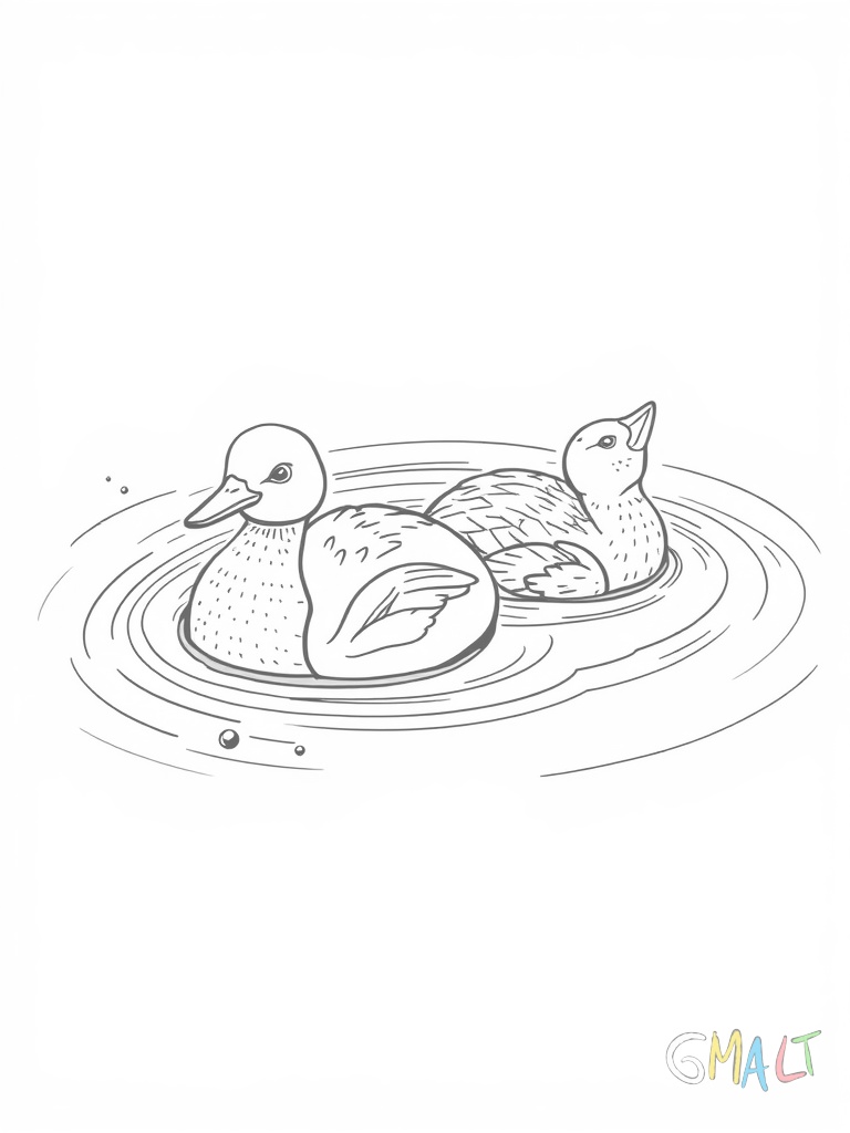 Zwei Enten schwimmen auf einem Teich. Eine Ente taucht mit dem Kopf unter Wasser während die andere geradeaus schwimmt. Kleine Wellen breiten sich um sie herum aus.