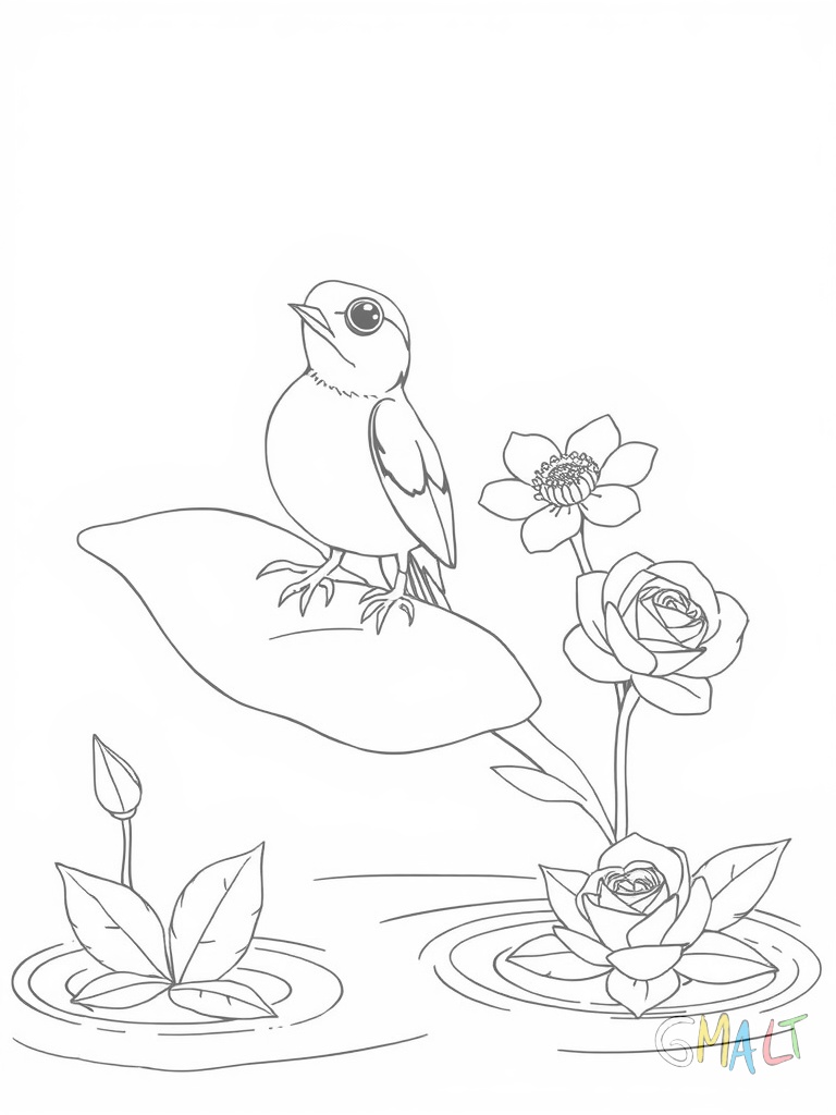 Ein kleiner Frosch sitzt auf einem großen Seerosenblatt. Er blickt nach links und hat seine Hinterbeine angewinkelt. Zwei weitere Seerosenblätter und eine blühende Seerose schwimmen daneben auf der Wasseroberfläche.