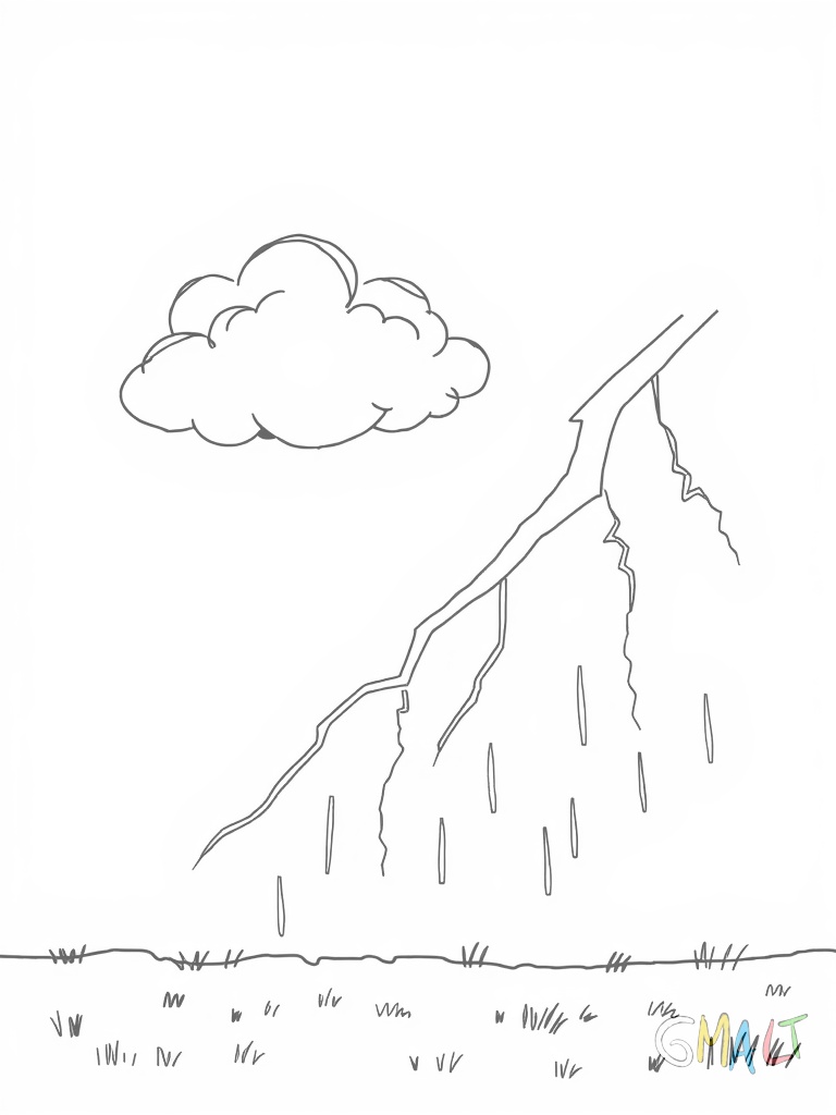 Ein mächtiger Blitz zuckt diagonal von links oben nach rechts unten durch das Bild. Zwei große dunkle Gewitterwolken befinden sich am oberen Bildrand. Kleine Regentropfen fallen als gerade Linien zur Erde.