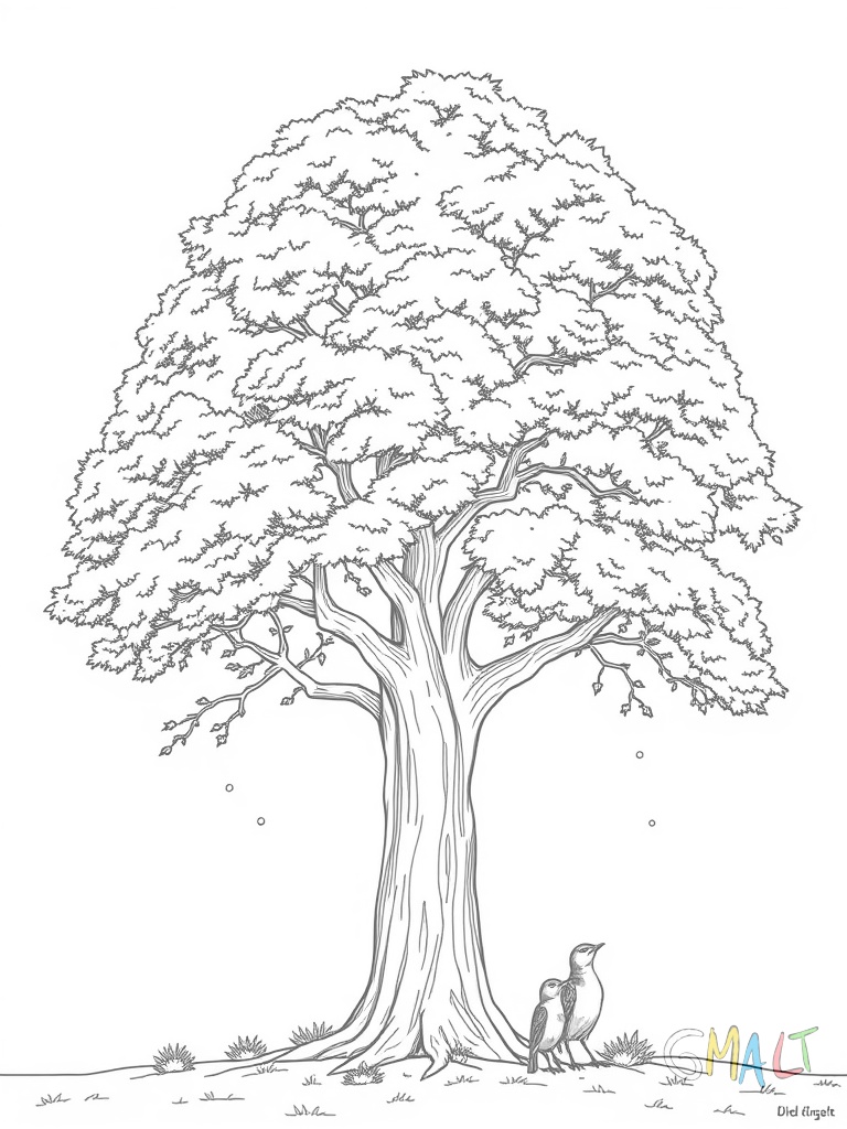 Dichter Nebel wird durch geschwungene horizontale Linien dargestellt. In der Bildmitte steht ein großer kahler Baum dessen obere Äste im Nebel verschwinden. Zwei kleine Vögel sitzen auf den sichtbaren Ästen.