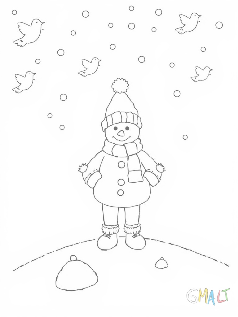 Dicke Schneeflocken in verschiedenen Größen fallen von oben herab. Ein kleiner Schneemann mit Karottennase und Stockarmen steht in der Bildmitte. Drei kleine Schneehügel liegen am unteren Bildrand.