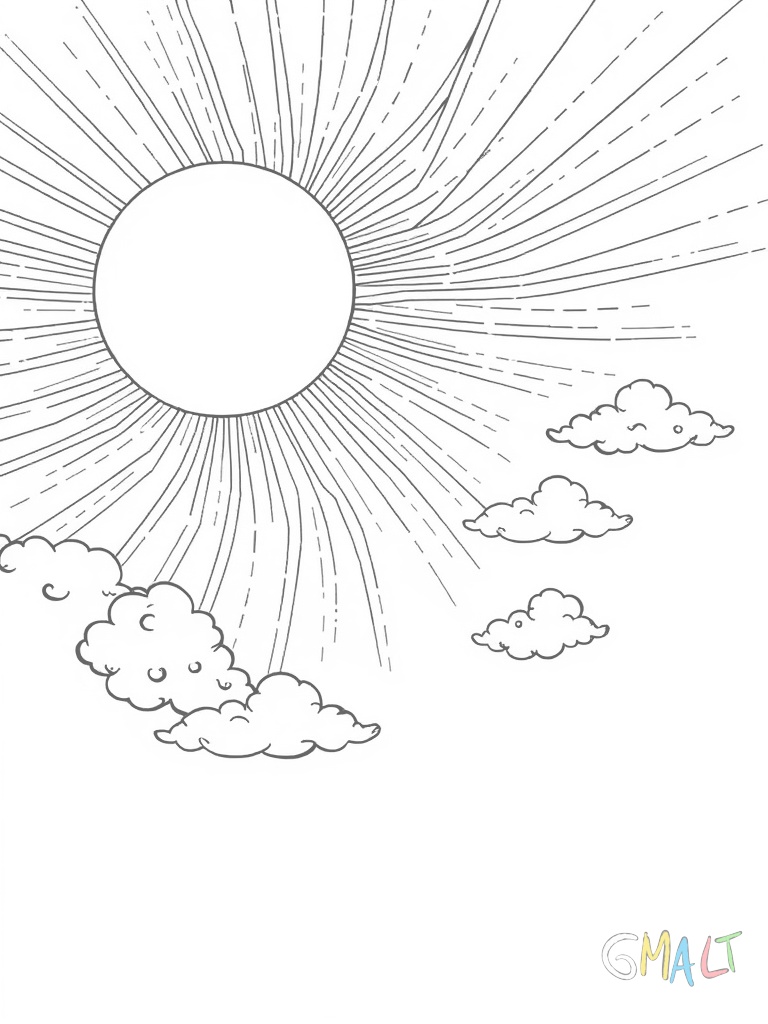Eine große lächelnde Sonne scheint von der oberen Bildmitte herab. Ihre Strahlen erstrecken sich gleichmäßig in alle Richtungen. Kleine flauschige Wolken schweben links und rechts neben der Sonne am Himmel.