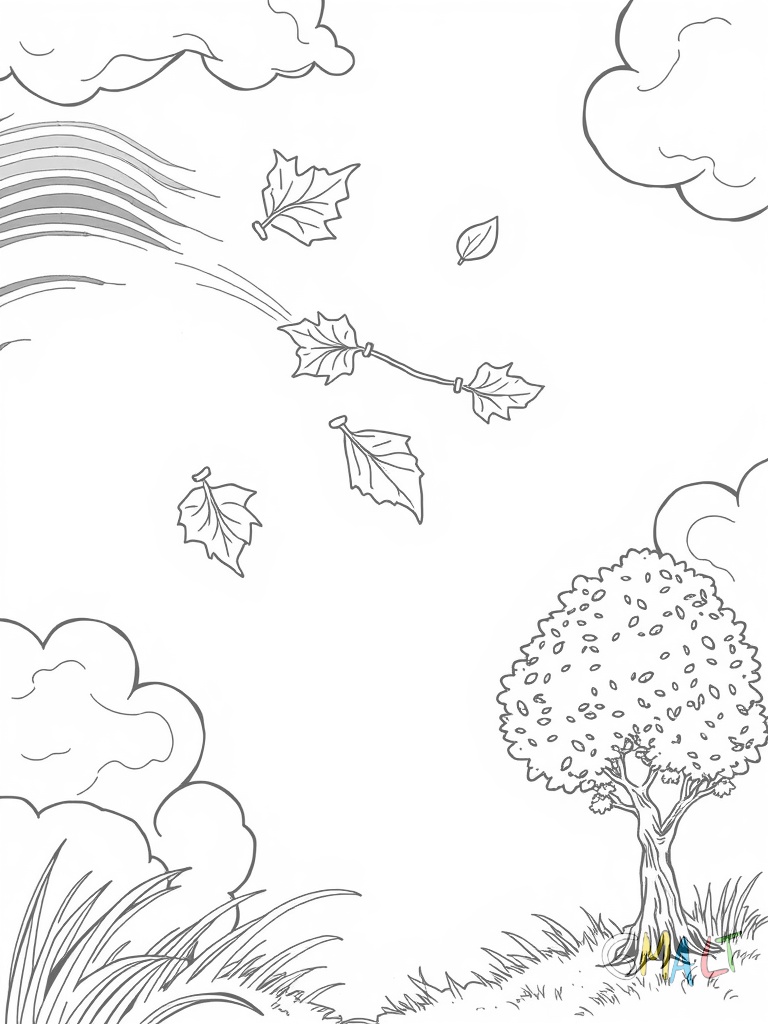 Ein starker Wind weht von links durch das Bild. Drei Herbstblätter fliegen in einer geschwungenen Linie durch die Luft. Ein kleiner Baum neigt sich nach rechts im Wind.