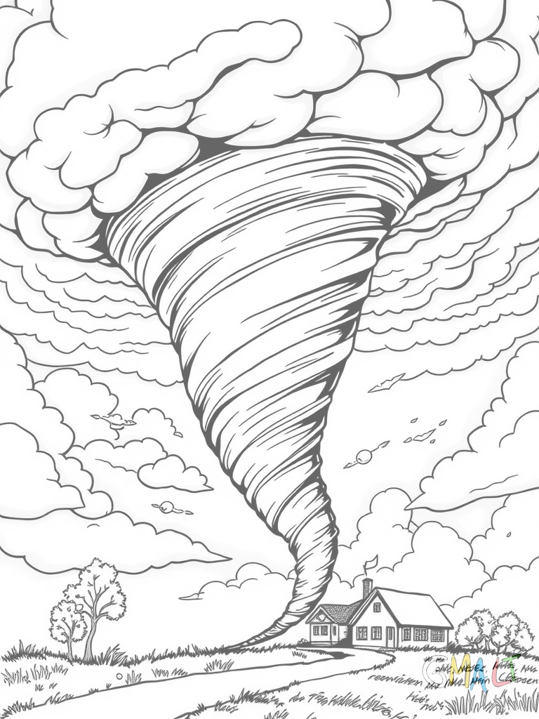 Ein Tornado als großer sich drehender Trichter erstreckt sich von einer dunklen Wolke am oberen Bildrand bis zum Boden. Zwei kleine Bäume und ein Haus fliegen um den Tornado herum.