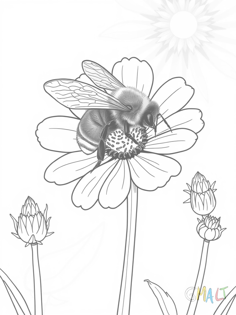 Eine große Biene sitzt auf einer lilafarbenen Blüte einer Wiesenblume. Die Blume hat einen langen geraden Stängel. Links und rechts wachsen kleine Grashalme.