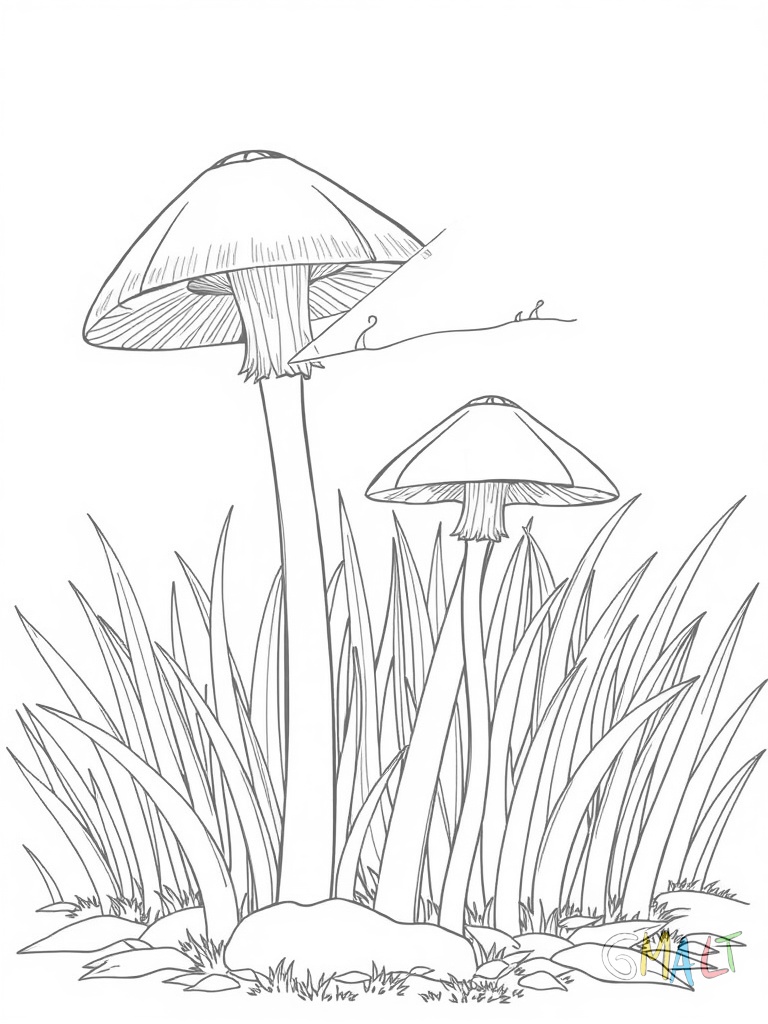 Zwei Pilze wachsen aus dem Boden. Ein großer und ein kleiner Fliegenpilz mit gepunktetem Hut stehen nebeneinander. Dahinter wächst hohes Gras.