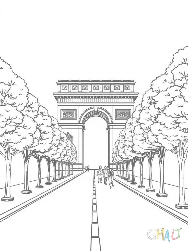 Der Arc de Triomphe in der Bildmitte. Davor führt die breite Champs-Élysées mit Bäumen an beiden Seiten zum Betrachter hin. Ein paar Menschen spazieren auf dem Gehweg.