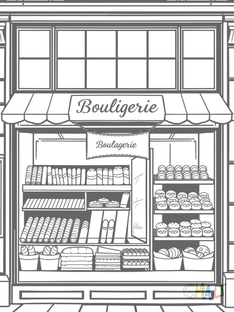 Eine typisch französische Bäckerei mit großem Schaufenster. Im Fenster sind Baguettes und Croissants ausgestellt. Über dem Eingang hängt ein Schild mit 'Boulangerie'.
