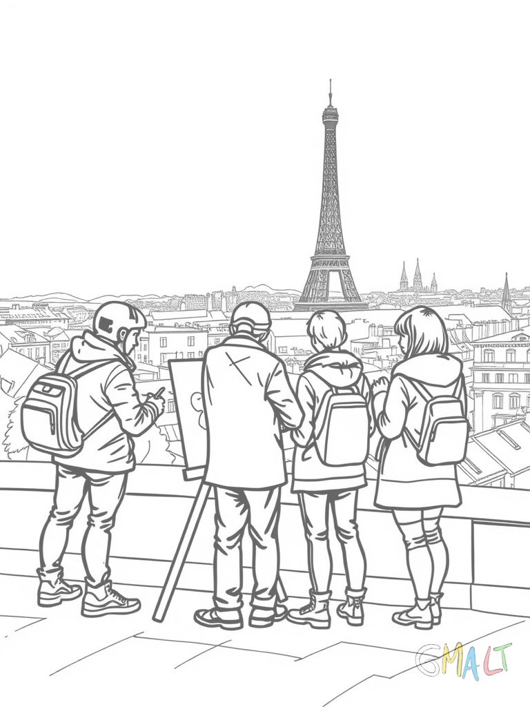 Ein Straßenkünstler mit Staffelei malt auf dem Montmartre. Neben ihm stehen drei Touristen die zusehen. Im Hintergrund sind die Dächer von Paris angedeutet.