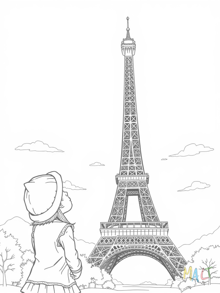 Der Eiffelturm ragt mittig in voller Höhe auf. Davor steht ein kleines Mädchen mit Baskenmütze und blickt staunend nach oben. Im Hintergrund sind einfache Wolken zu sehen.