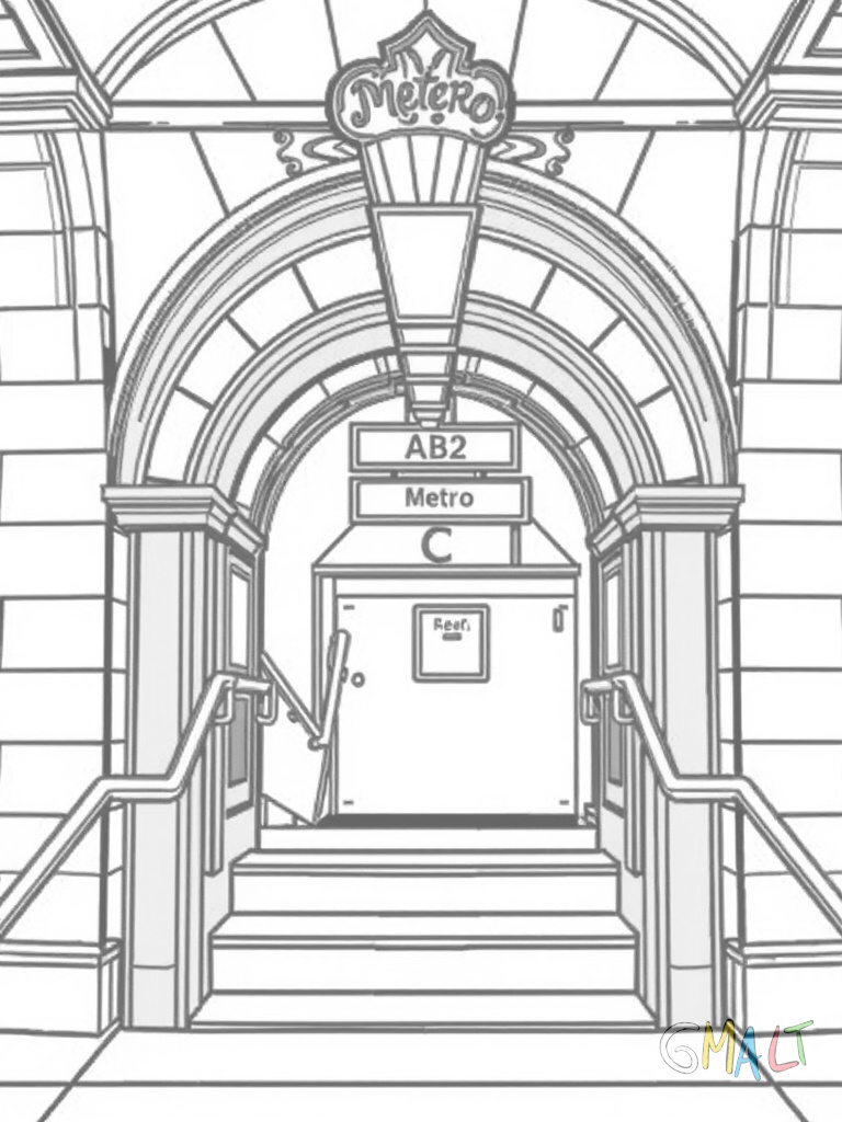 Eine traditionelle Métro-Station mit dem typischen Art Nouveau Eingangsportal aus verschnörkeltem grünen Metall. Eine Treppe führt nach unten. Ein Schild zeigt 'Métro'.