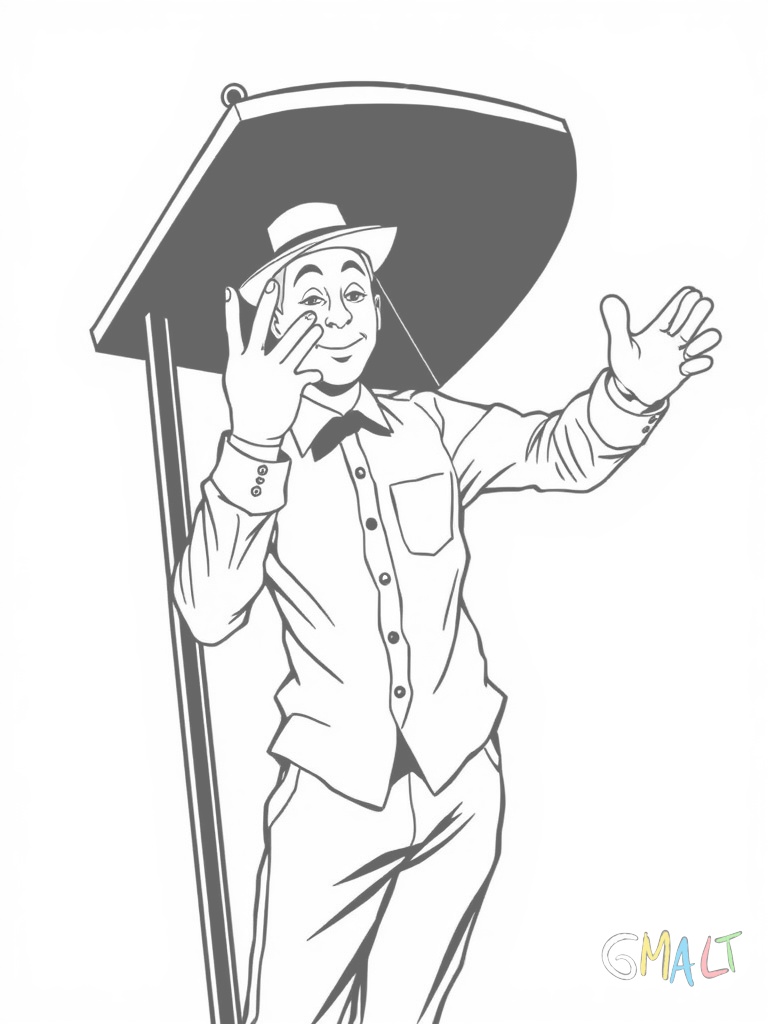 Ein französischer Mime-Künstler in gestreiftem Shirt und schwarzer Hose macht eine lustige Pose. Er trägt weiße Handschuhe und geschminkte Wangen. Neben ihm steht sein schwarzer Zylinderhut.