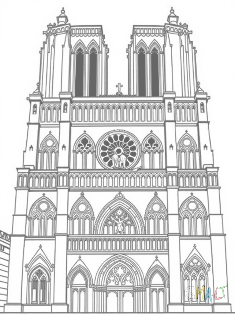 Die Notre-Dame Kathedrale von vorne mit ihren markanten Zwillingstürmen. Auf den Stufen davor sitzen zwei Tauben. Die charakteristischen Rosettenfenster sind gut sichtbar.