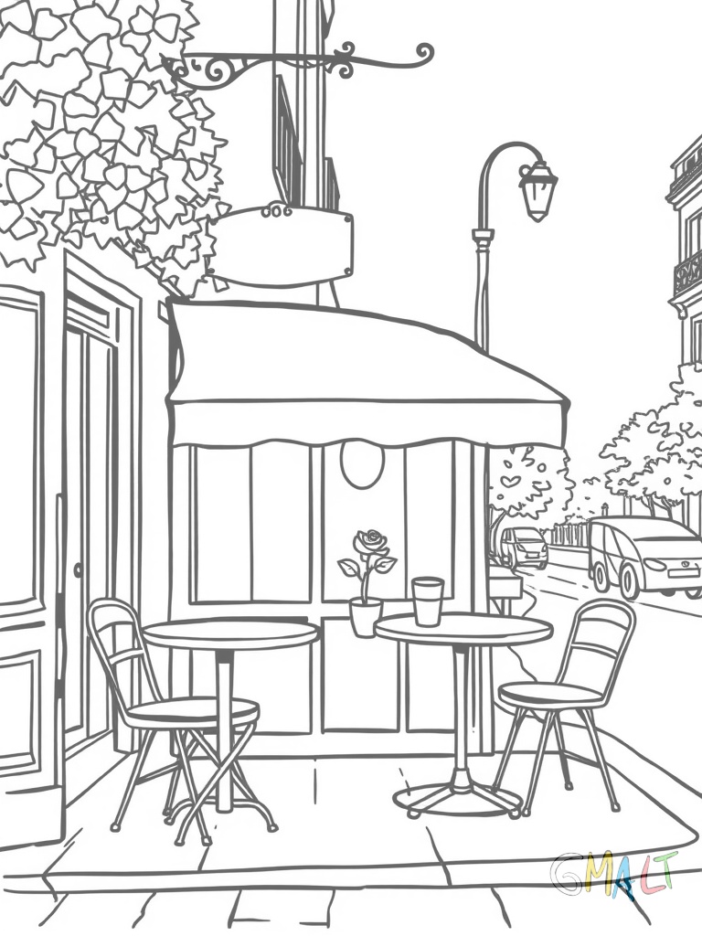 Ein Straßencafé mit vier runden Tischen und Stühlen auf dem Gehweg. Über dem Café hängt eine gestreifte Markise. Auf einem Tisch steht eine kleine Vase mit einer einzelnen Rose.