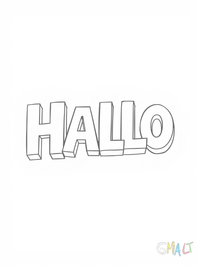 Ein 3D-Schriftzug 'HALLO' schwebt in der Luft. Die Buchstaben sind blockig gestaltet mit klaren Kanten. Jeder Buchstabe wirft einen einfachen Schatten nach unten.
