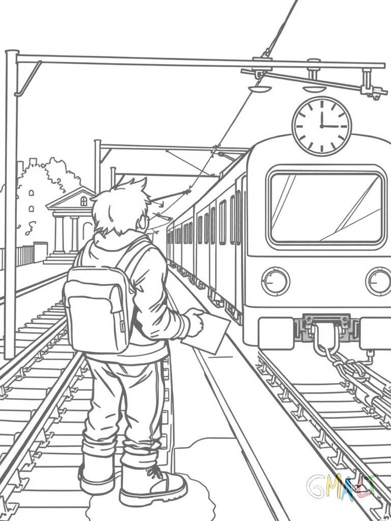 Ein Junge steht am Bahnsteig und winkt einem abfahrenden Zug hinterher. Auf dem Bahnsteig steht eine Bank und eine Uhr zeigt 12 Uhr. Der Junge hält einen Brief in der Hand.