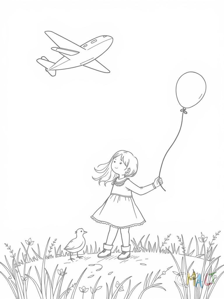Ein kleines Mädchen winkt einem Flugzeug am Himmel nach. Sie steht auf einer Wiese mit zwei Gänseblümchen und hält einen Luftballon in der anderen Hand. Ihre Haare wehen leicht im Wind.