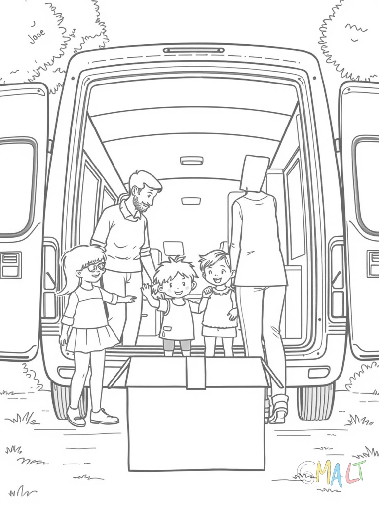Eine Familie steht vor einem Umzugswagen. Die Eltern und zwei Kinder winken zum Haus während der Umzugswagen bereits geöffnet ist. Im Vordergrund steht ein Karton mit Spielzeug.