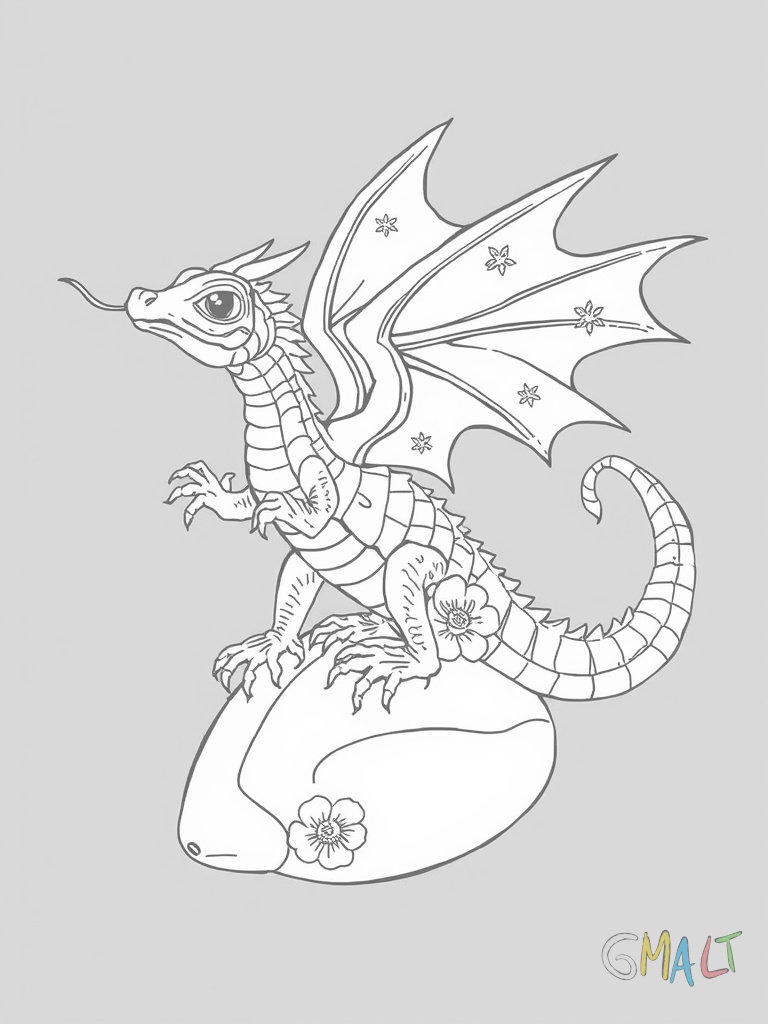 Ein Drache mit Blumenmuster auf den Schuppen ruht auf einem Halbmond. Seine Flügel sind ausgebreitet und mit Sternen verziert.