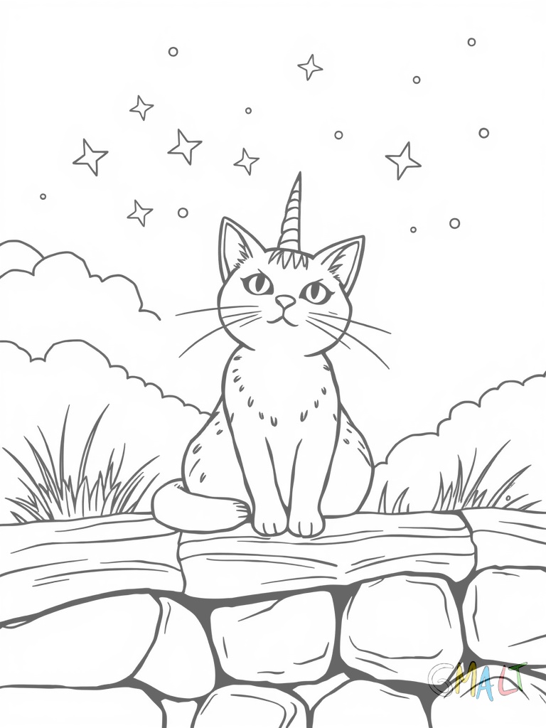 Eine Katze mit Flügeln und Einhorn-Horn liegt auf einer Wolkenbank. Um sie herum schweben kleine Sterne.