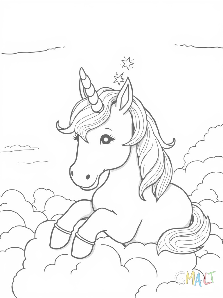 Ein süßes Einhorn liegt entspannt auf einer flauschigen Wolke. Seine Regenbogenmähne und der Schweif wehen sanft im Wind. Auf seinem Horn sitzt ein kleiner Stern.