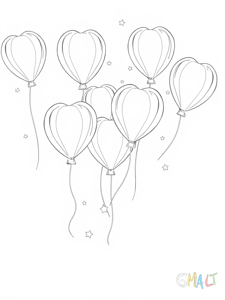 Eine Gruppe Luftballons in Herzform schwebt nach oben. An den Ballons hängen kleine Sterne und Monde.