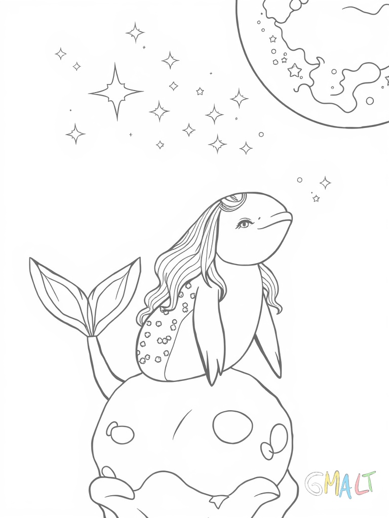 Eine Meerjungfrau sitzt auf einem Mond in Sichelform. Ihr langes Haar ist mit Seesternen geschmückt. Ihre Flosse schimmert mit kleinen Schuppen.