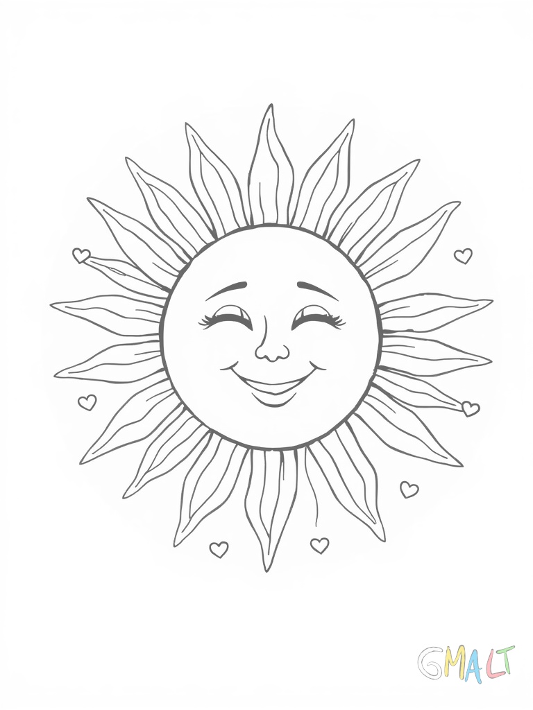Eine große Sonne mit lächelndem Gesicht strahlt in der Bildmitte. Um sie herum schweben kleine Herzen und Sterne in symmetrischer Anordnung.