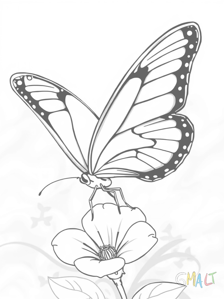 Ein großer Schmetterling mit verzierten Flügeln schwebt über einer einzelnen Blume. Seine Fühler sind spiralförmig geschwungen.