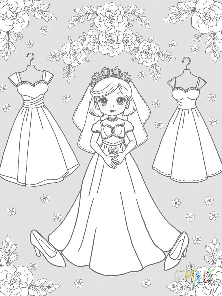Eine Anziehpuppe mit Brautschleier steht in der Mitte in Unterkleid. Rundherum sind verschiedene Hochzeitskleider Schleier Blumensträuße und elegante Schuhe zum Anziehen platziert.