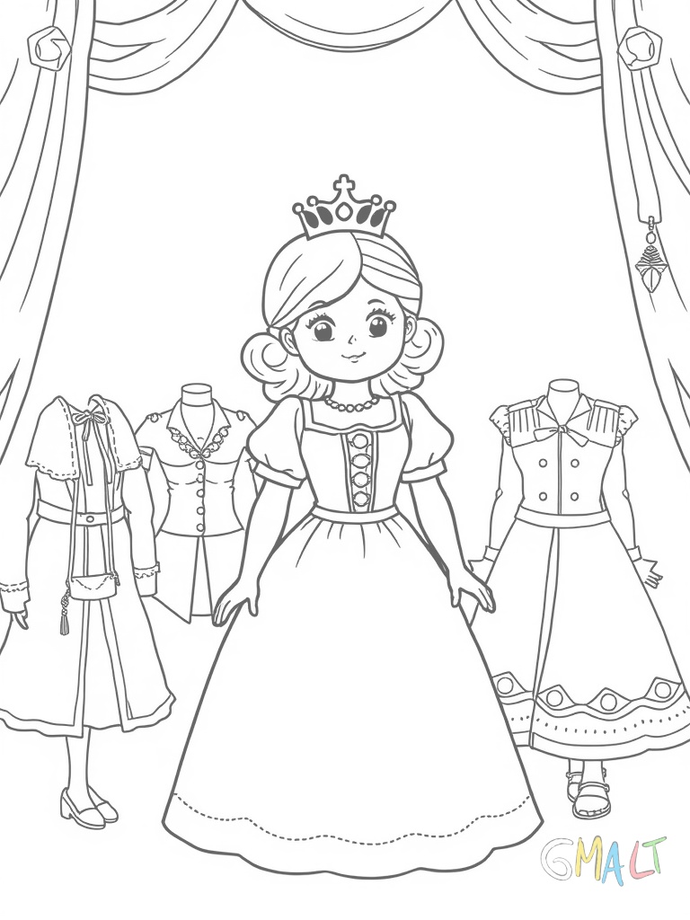 Eine Prinzessinnen-Anziehpuppe mit Krone steht in der Mitte. Sie trägt ein schlichtes Unterkleid. Drumherum sind märchenhafte Kleider Umhänge und Accessoires wie Zepter und Schmuck zum Ankleiden platziert.
