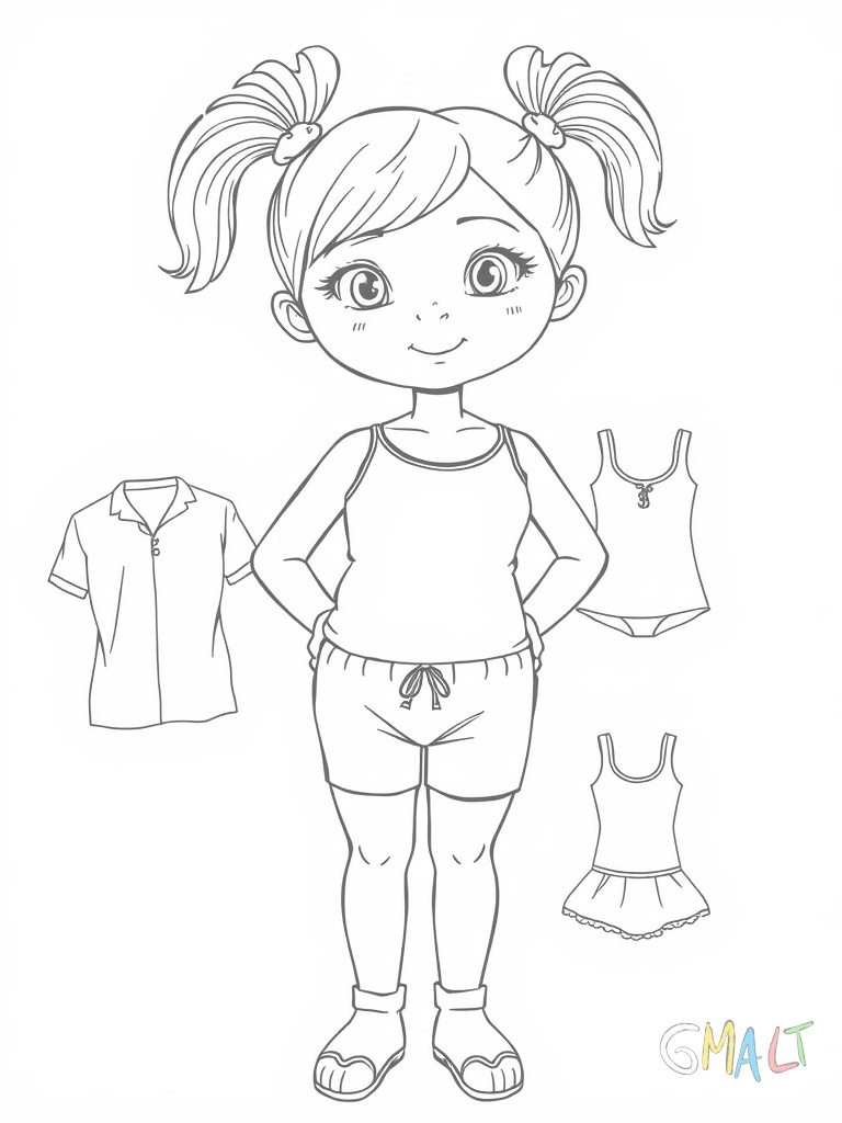 Ein Mädchen mit zwei Zöpfen steht frontansicht in Badeanzug da. Um sie herum sind verschiedene Sportoutfits zum Anziehen angeordnet: Turnanzug Tenniskleid Schwimmanzug und Balletttrikot.