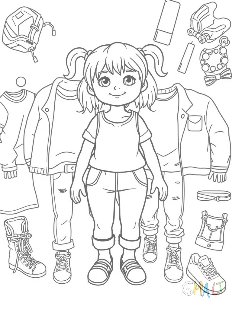 Eine Anziehpuppe im Teenager-Stil steht in der Mitte. Sie trägt Basic-Unterwäsche. Rundherum sind moderne Outfits wie Jeans T-Shirts Pullover und trendige Schuhe zum Kombinieren angeordnet.