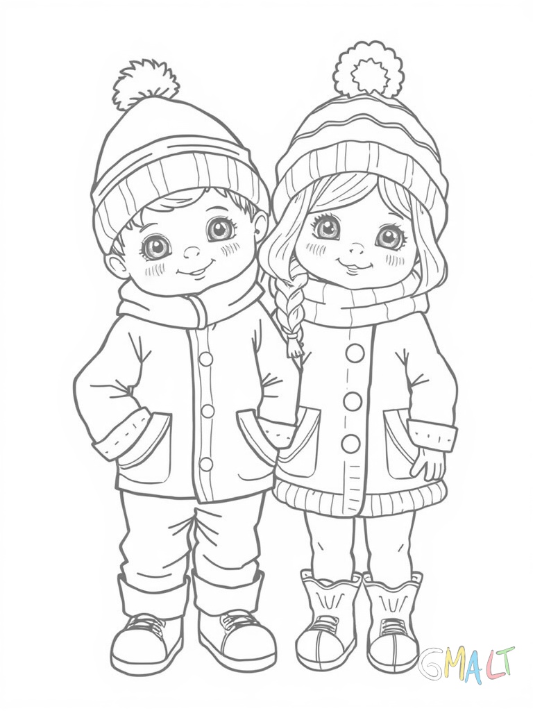 Zwei Anziehpuppen - ein Junge und ein Mädchen - stehen nebeneinander in Unterwäsche. Um sie herum schweben passende Winterkleidung wie Mäntel Mützen Schals und Stiefel zum Anziehen.