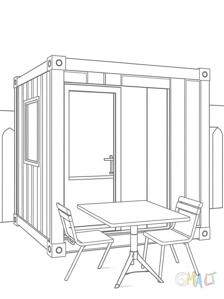 Ein Baucontainer dient als Büro. Er hat ein Fenster und eine Tür. Davor stehen ein Tisch und Stühle für die Mittagspause.