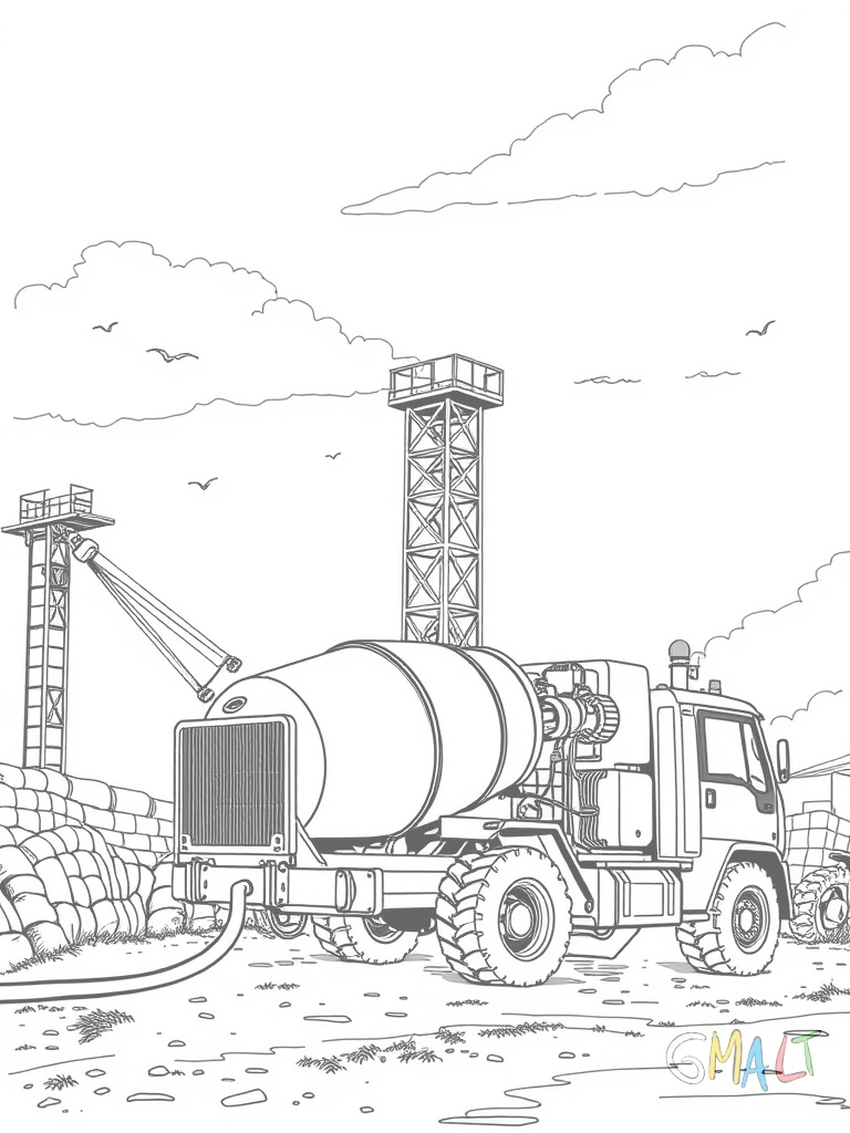 Eine Betonpumpe mit langem Ausleger pumpt Beton nach oben. Der Schlauch führt bis zur obersten Etage. Unten steht der große Pumpenwagen.
