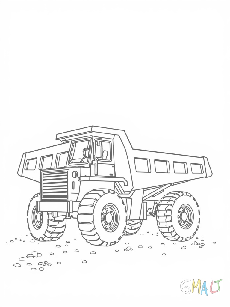 Ein Dumper kippt seine Ladung ab. Die Ladefläche ist nach hinten gekippt. Steine und Erde rutschen heraus. Das Fahrerhaus ist vorne klein.