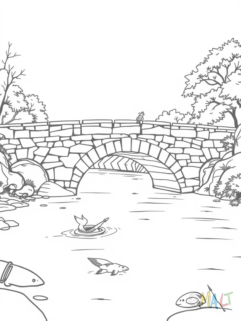 Eine massive Steinbrücke mit mehreren Bögen führt über einen ruhigen Fluss. Am Ufer steht ein kleiner Angler mit einer Angel. Zwei Enten schwimmen unter der Brücke. Im Hintergrund sind einige Bäume zu sehen.