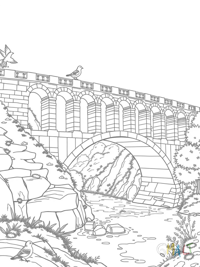 Eine römische Aquädukt-Brücke mit vielen Bögen erstreckt sich über ein weites Tal. Auf der obersten Ebene fließt Wasser. Ein paar kleine Vögel fliegen um die Bögen herum.