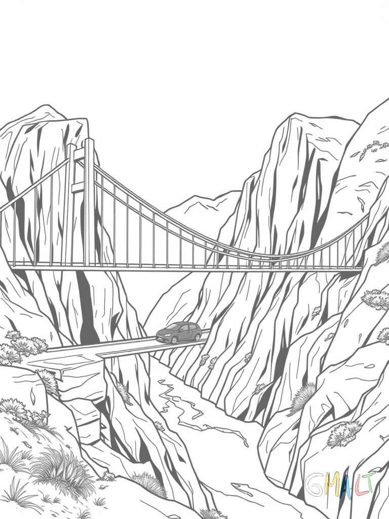 Eine lange Hängebrücke spannt sich zwischen zwei Bergen. Die Seile sind an hohen Pfeilern befestigt. Ein kleines rotes Auto fährt gerade über die Brücke. Unten im Tal fließt ein Bach.