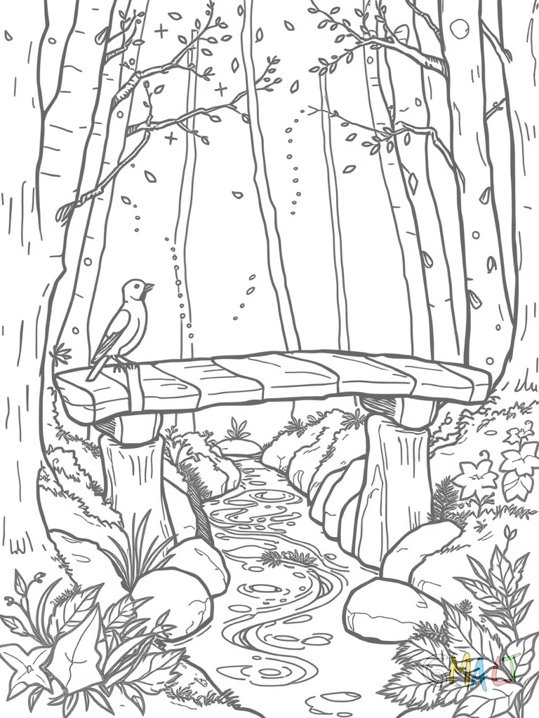 Eine einfache Holzbrücke führt über einen schmalen Bach im Wald. Die Brücke hat ein Geländer aus Seilen. Ein Reh steht am Brückenende und ein Vogel sitzt auf dem Geländer.
