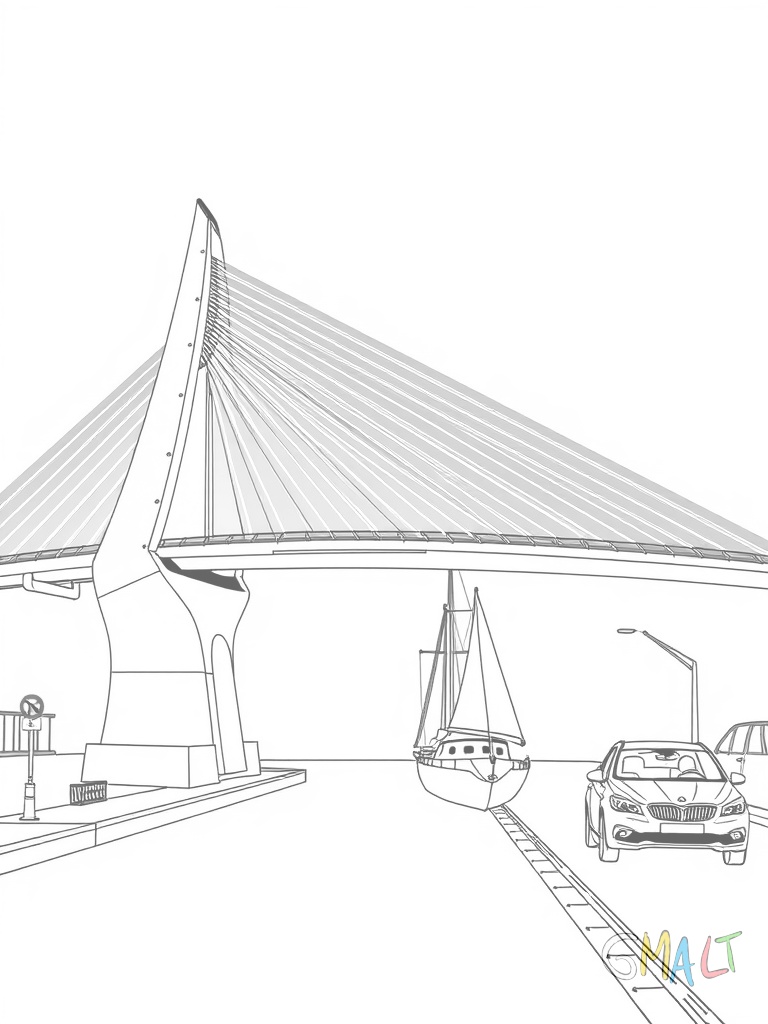 Eine moderne Zugbrücke im Hafen ist halb hochgeklappt. Ein Segelboot fährt gerade darunter durch. Auf der einen Seite warten zwei Autos bis die Brücke wieder heruntergelassen wird.