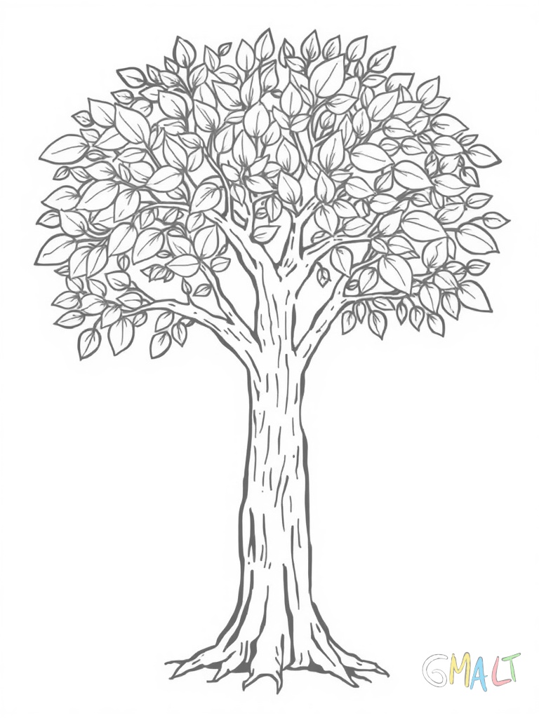 Der Buchstabe T wird von einem großen Baum gebildet. Der Stamm bildet den vertikalen Strich die ausgebreiteten Äste den horizontalen Teil. Einige einfache Blätter schmücken die Äste.